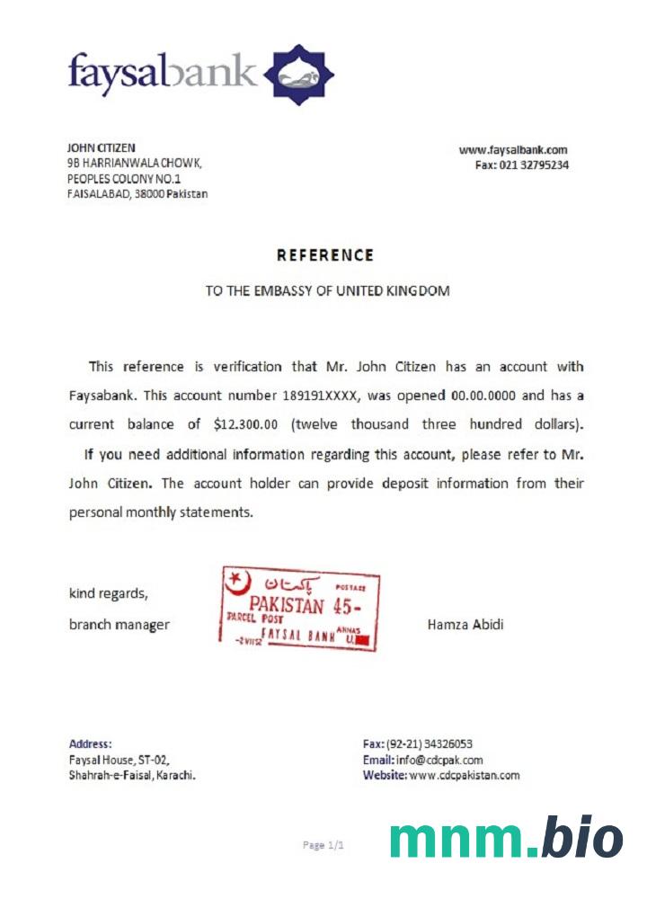 Przykład odniesienia Pakistan Faysal bank w formatach Word i PDF